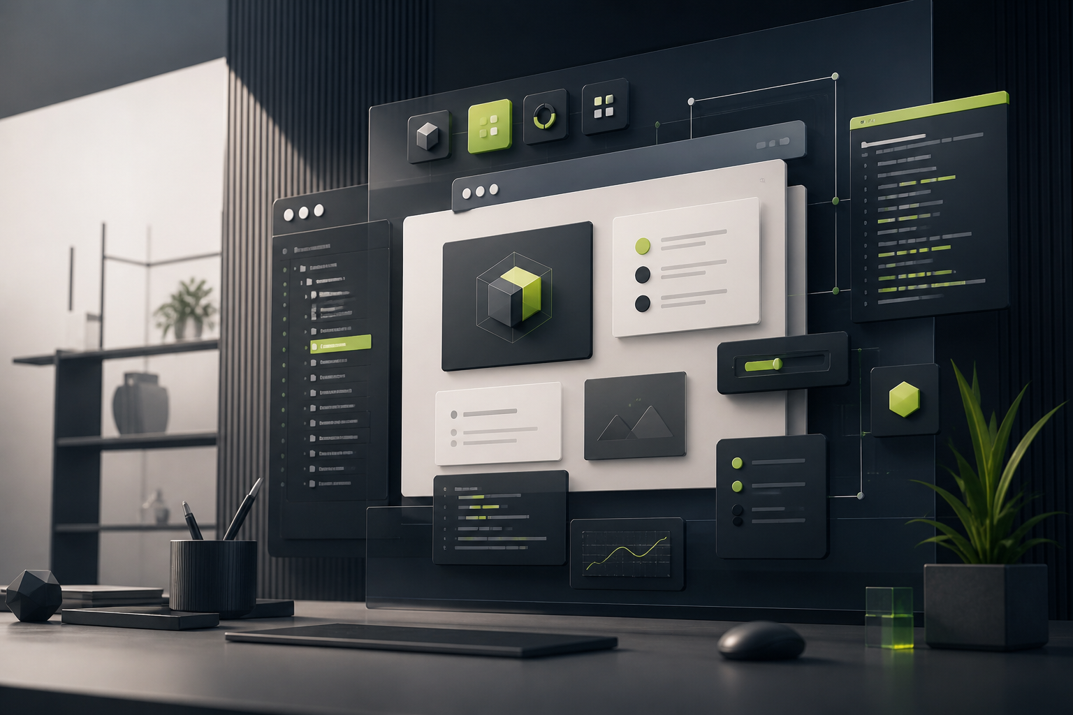 Abstract workspace showing modular web application interfaces